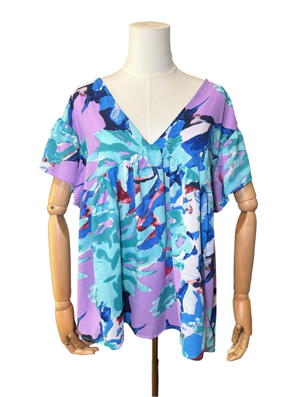 entro V-Neck Flutter Sleeve Blouse in Aqua & Lilac Floral - Picture 2 of 10